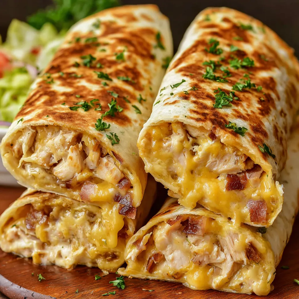 Easy Cheesy Garlic Chicken Wraps image showing a close-up of the prepared wraps, highlighting the melted cheese and garlic chicken filling.