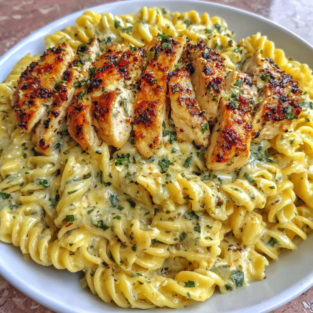 Creamy Garlic Parmesan Chicken Pasta sits in a bowl, showcasing the easy dinner recipe's delicious ingredients.