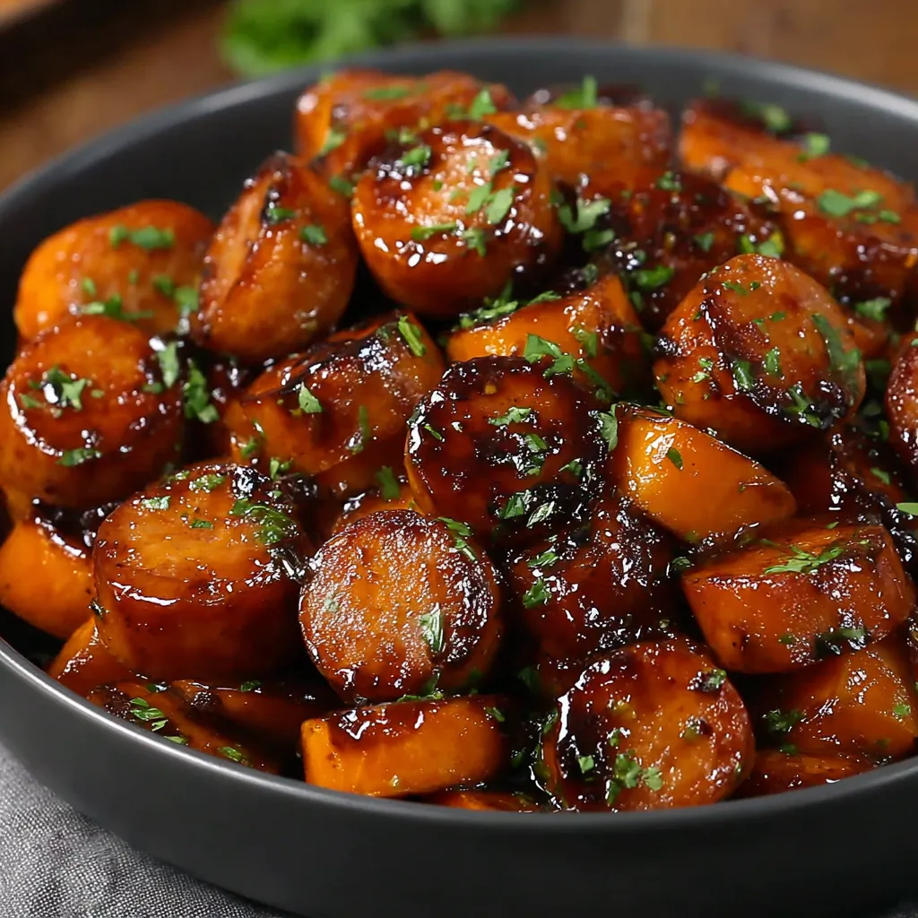 Honey garlic sausage and roasted sweet potatoes are beautifully arranged in this mouthwatering second image showcasing the recipe's deliciousness.