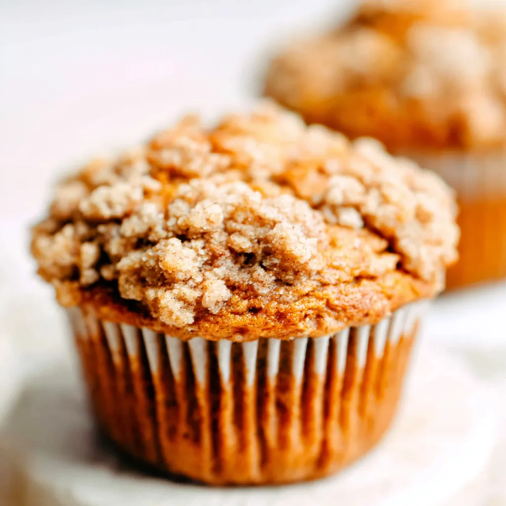 Close-up view of golden-brown Apple Pumpkin Streusel Muffins with a crumbly topping, showcasing their texture and deliciousness.