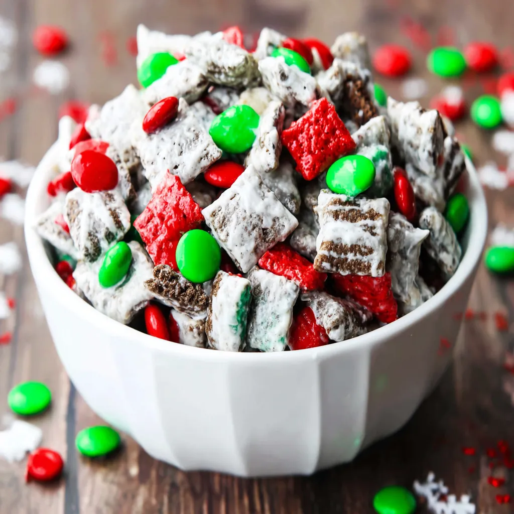 A delightful assortment of Christmas-themed puppy chow, a festive and easy-to-make holiday treat.