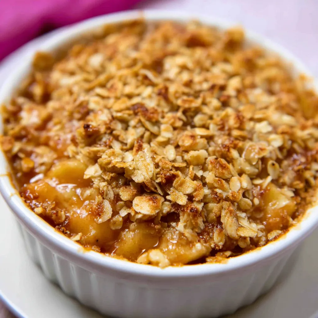 A close-up view of a freshly baked Homemade Apple Crisp, showcasing its golden-brown topping and bubbly apple filling.