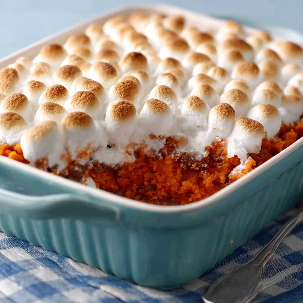 Close-up shot of a freshly baked Sweet Potato Casserole with a golden-brown topping, ready to be served.