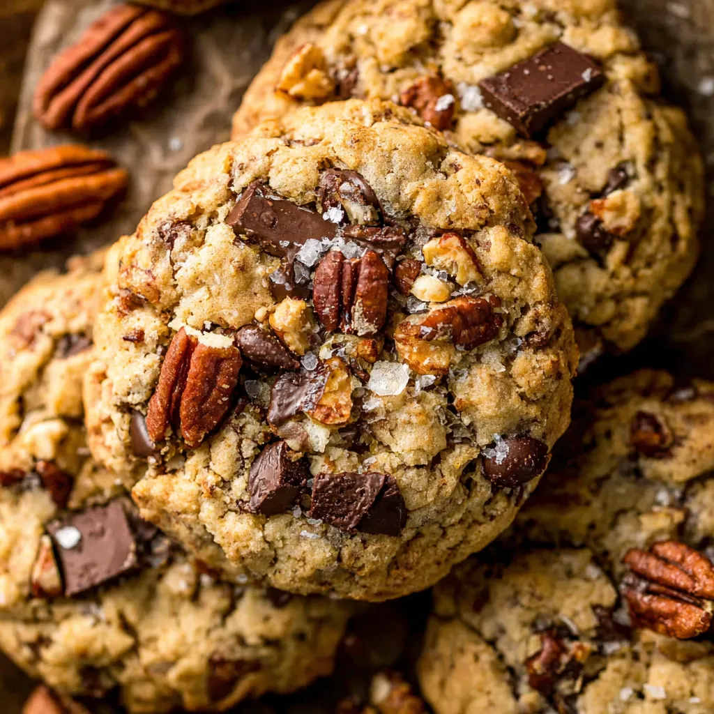 A close-up view of a delicious Loaded Cowboy Cookie showcasing its oats, chocolate chips, pecans, and chewy texture from our 