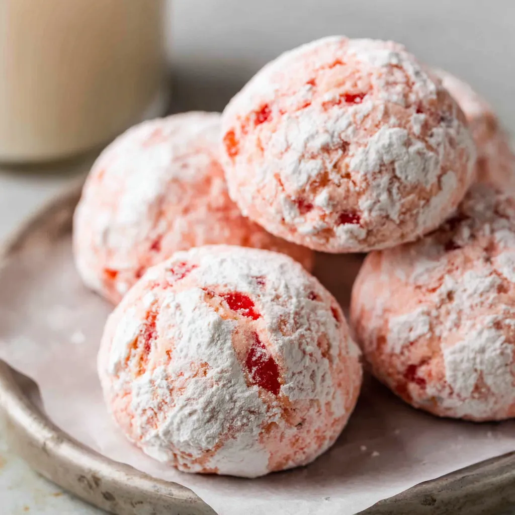 Easy cherry snowball cookies sit arranged on a cooling rack after baking, their powdered sugar coating creating a festive holiday treat perfect for sharing.