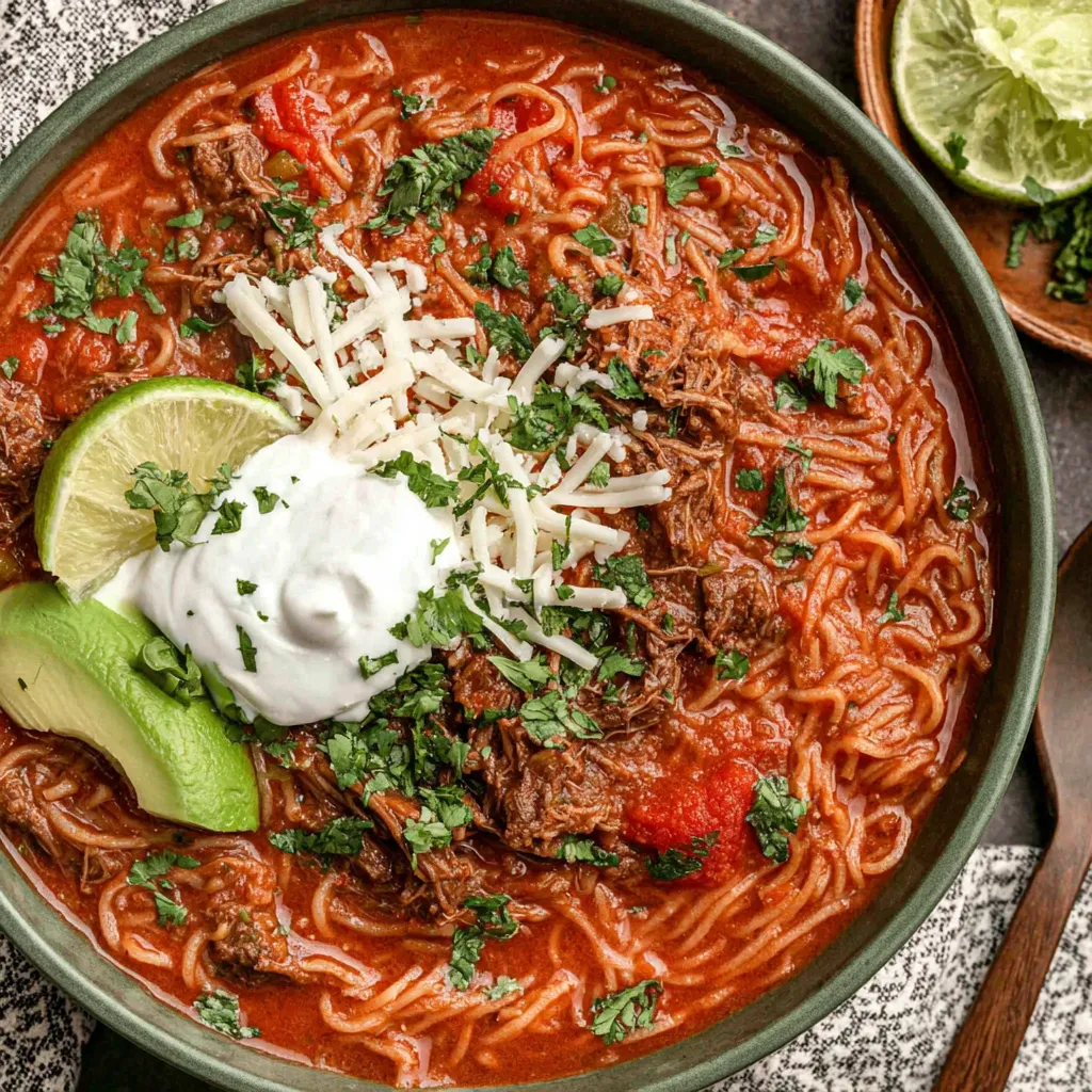 Cozy Mexican Noodle Soup is quick comfort food, as shown in this inviting bowl with visible noodles, broth, and garnishes.
