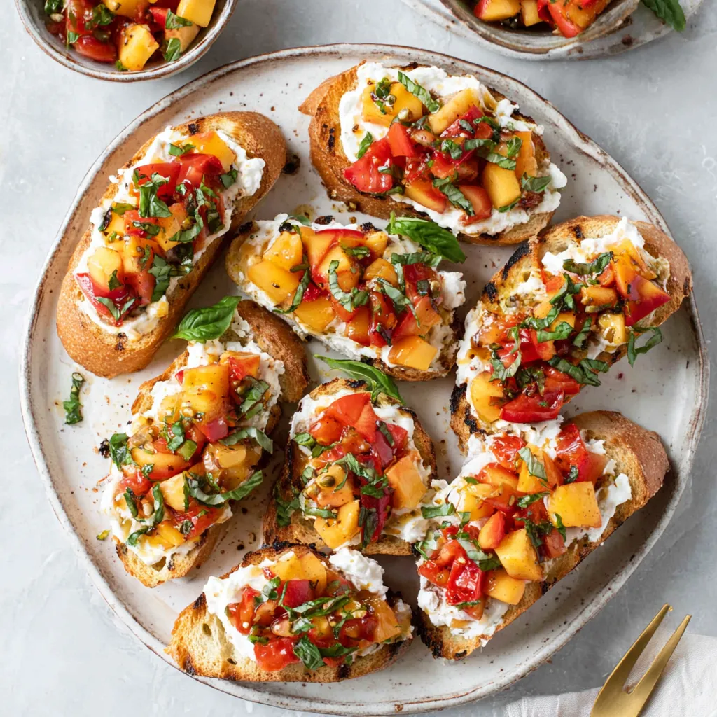 Close-up image of a delicious peach bruschetta with whipped ricotta topping, showcasing the fresh ingredients and appealing presentation.