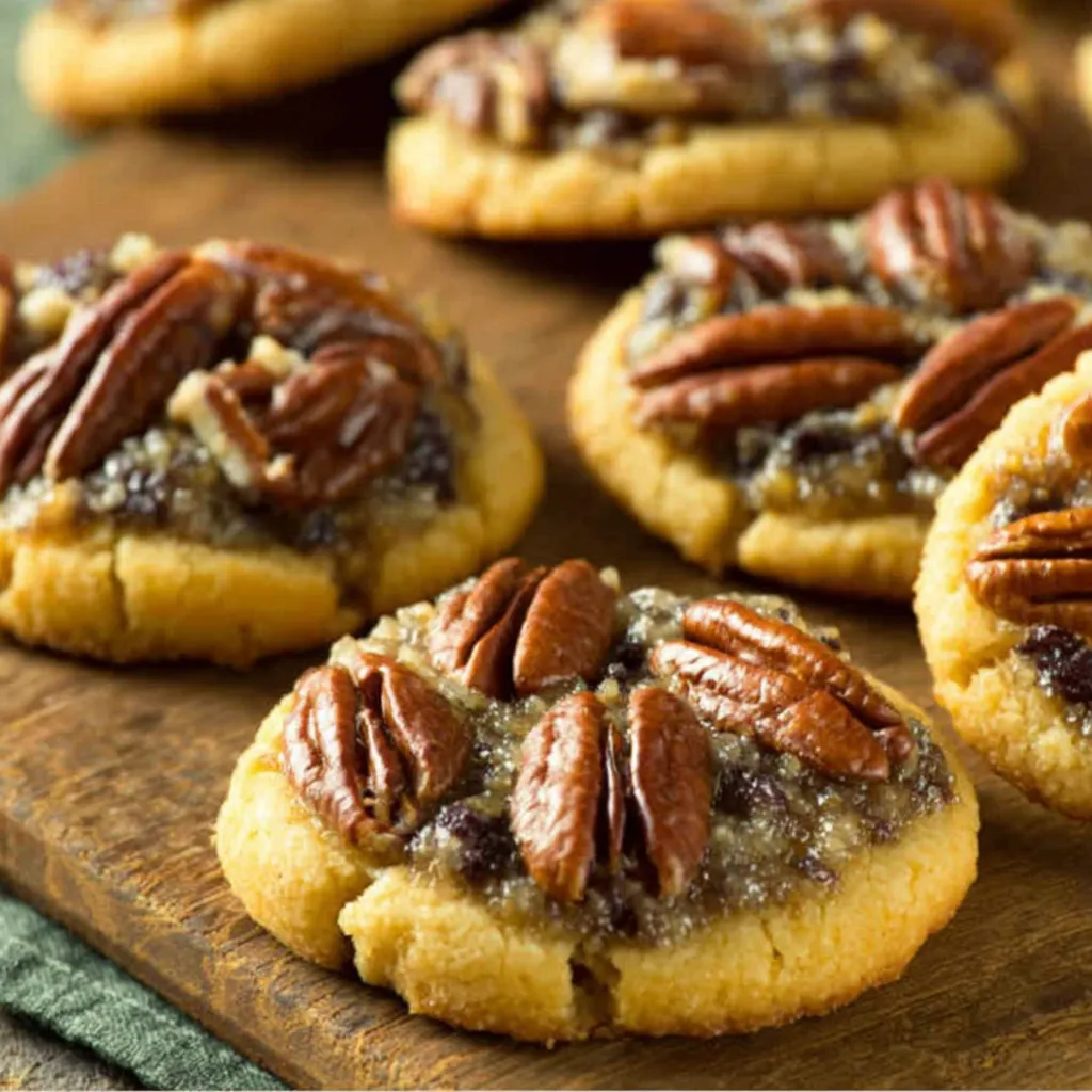 Melt-in-your-mouth pecan pie cookies are displayed beautifully, showcasing their soft texture and pecan topping.