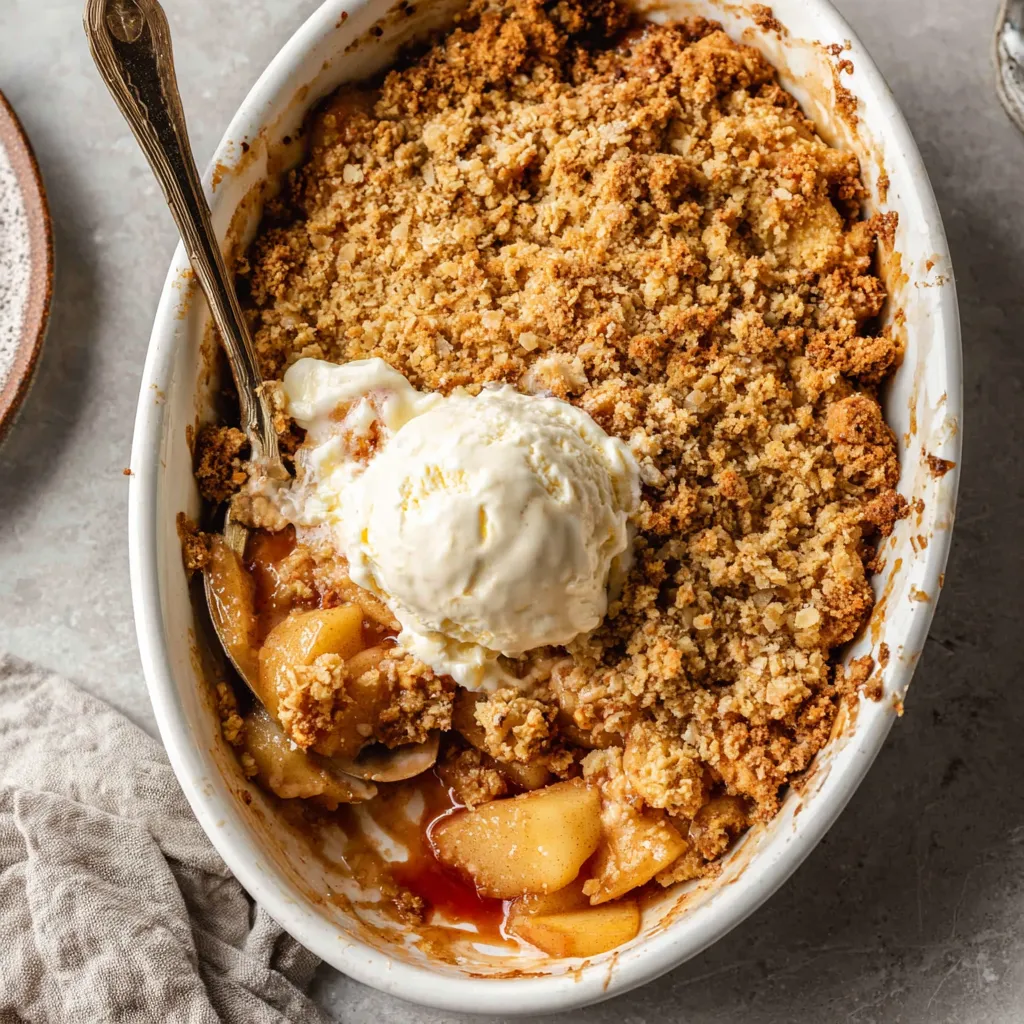 Golden brown and bubbly apple crisp fresh from the oven showcases its perfectly crunchy topping, illustrating the delicious result of this easy apple crisp recipe.