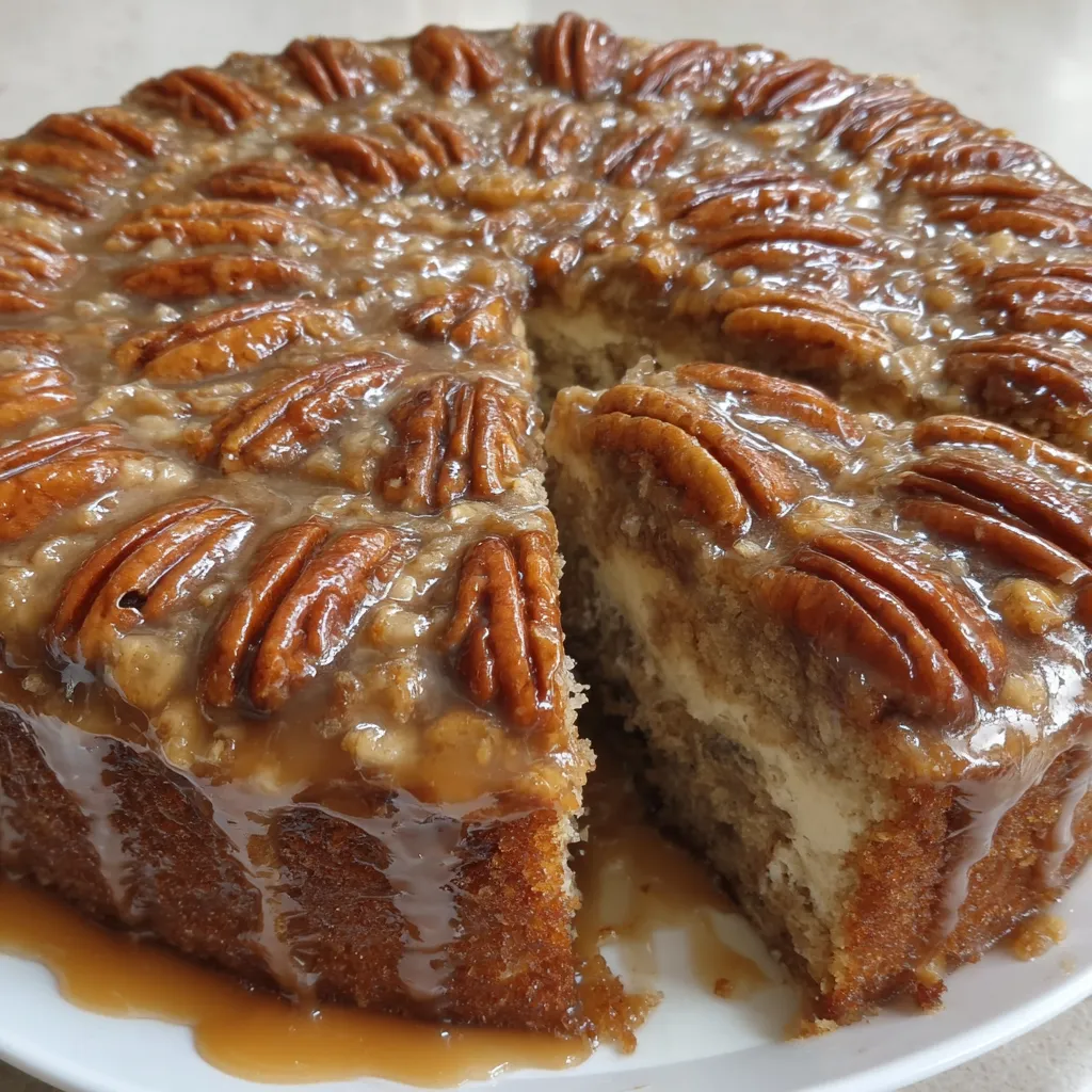 A slice of creamy Maple Pecan Pumpkin Cheesecake is displayed, showcasing its layers and pecan topping.