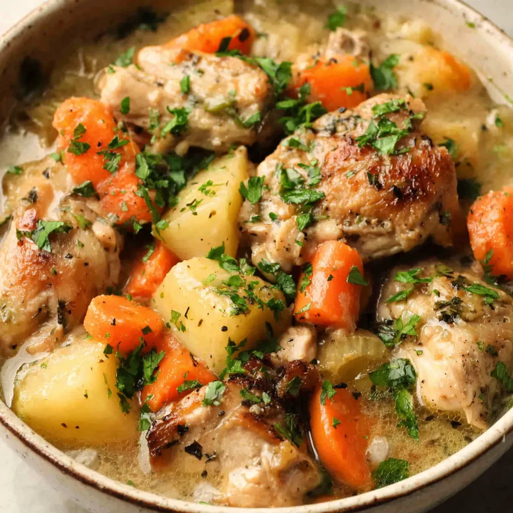 Close-up of a hearty Slow Cooker Chicken Stew, showcasing tender chicken and colorful vegetables.