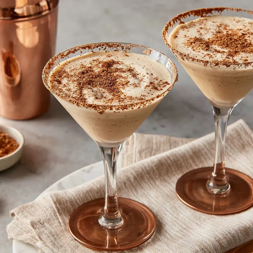 Creamy pumpkin martini cocktail in a chilled glass showcases a delicious and festive autumn drink recipe.