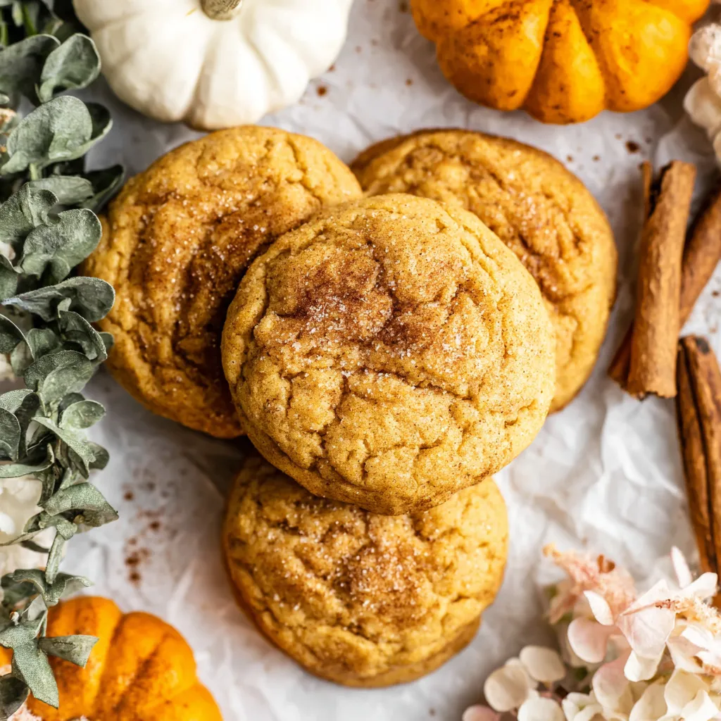 Easy pumpkin spice sugar cookies are shown baked on a parchment-lined baking sheet, ready to eat.