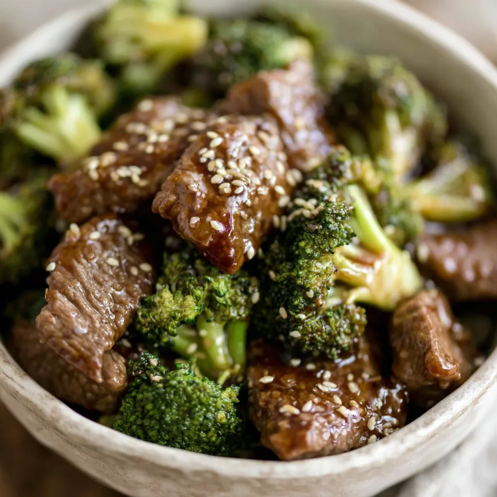 Close-up shot of delicious Chinese Beef And Broccoli, showcasing the tender beef and vibrant green broccoli in a rich sauce.