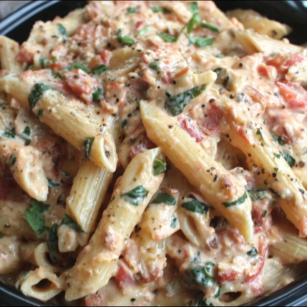 Close-up view of delicious Slow Cooker Creamy Tuscan Pasta ready to be served, showcasing its creamy sauce and vibrant ingredients.