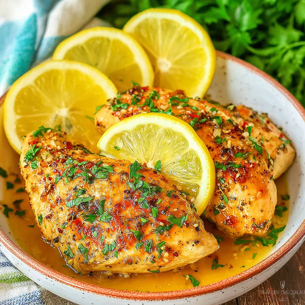 Close-up shot of juicy Slow Cooker Lemon Garlic Chicken served and ready to eat.