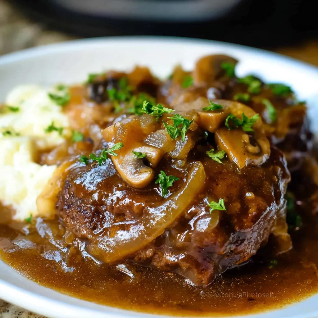 Easy slow cooker Salisbury steak simmers effortlessly in a rich gravy, showcasing a comforting and flavorful weeknight dinner option.