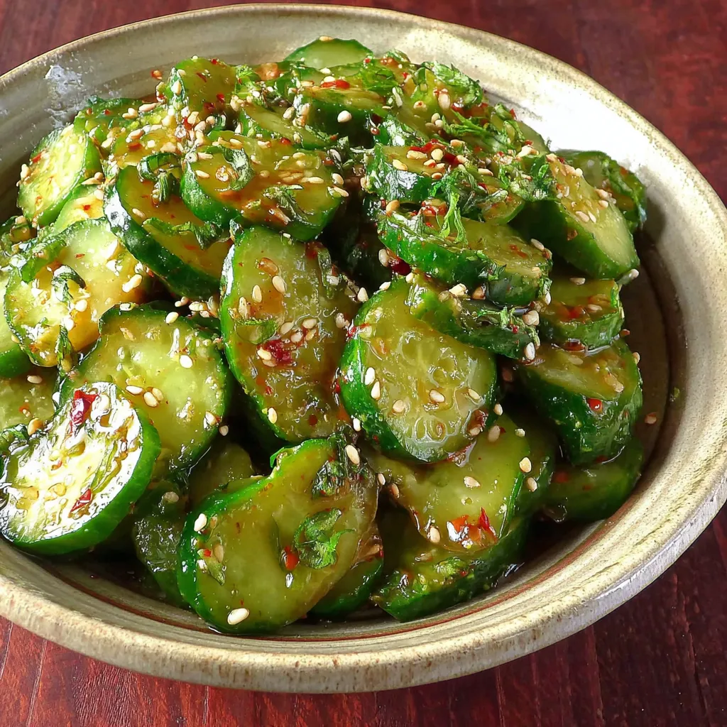 Spicy smashed cucumber salad second content image shows a close-up view of the finished dish with visible chili flakes and a glistening dressing.