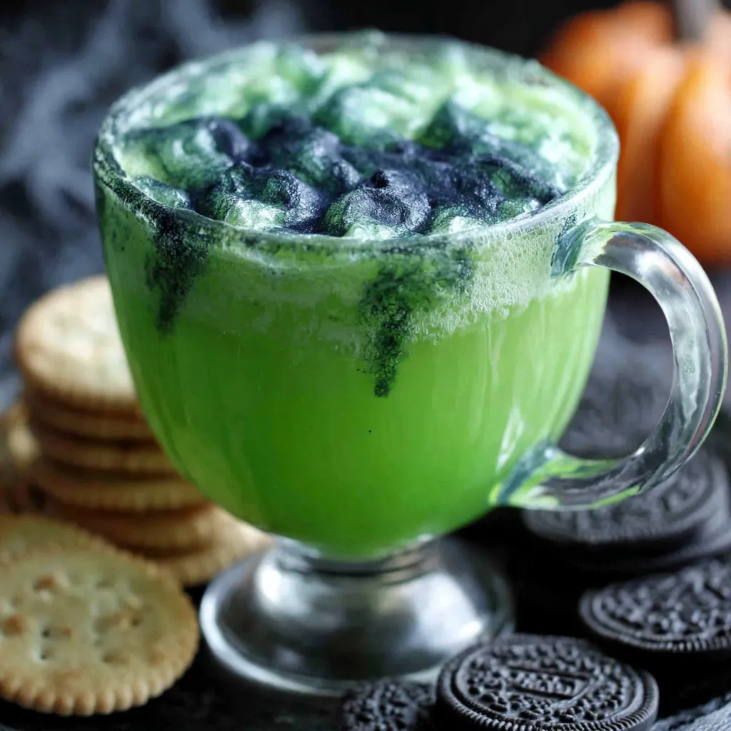 Witch's Potion Punch bubbling in a cauldron, visually representing the spooky and delicious beverage recipe.