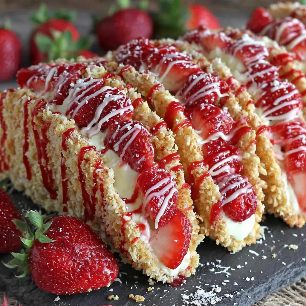 Strawberry crunch cheesecake tacos, an easy dessert recipe, are shown in this image.