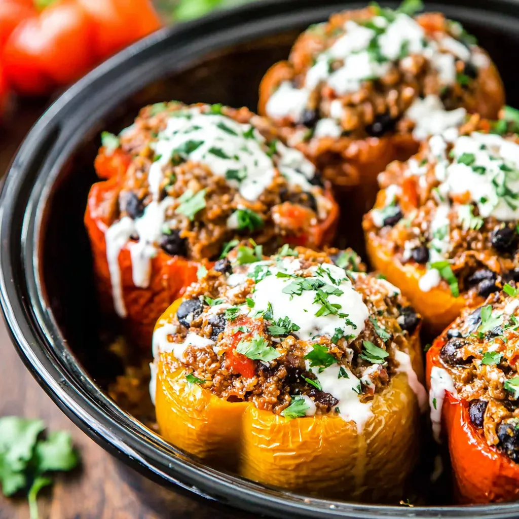 Slow Cooker Stuffed Peppers Recipe Easy slow cooker stuffed bell peppers are shown as a flavorful and convenient dinner option, perfect for a healthy and delicious meal.