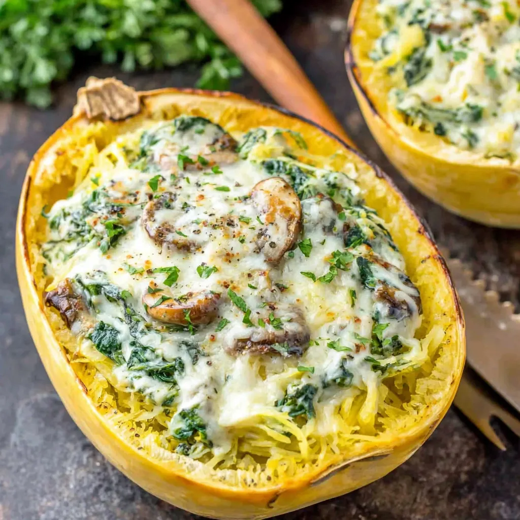 Creamy spinach and mushroom stuffed spaghetti squash, showcasing the filling and texture of this delicious dish.