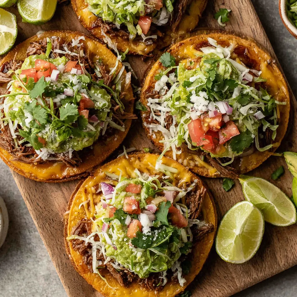 Juicy carne asada tops crispy tostadas in this second image showcasing the deliciousness of Mexican Tostadas de Carne Asada.