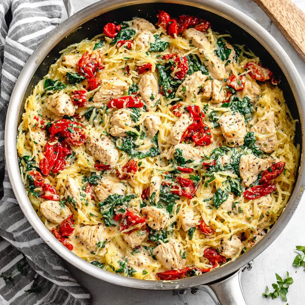 Close-up of creamy Tuscan chicken and spaghetti squash strands showcasing the easy and delicious one-pan dinner recipe.