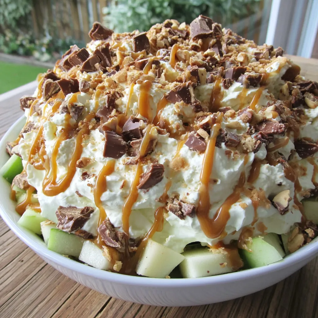 Easy Twix Caramel Apple Salad recipe second step image showing how to mix the chopped apples, Twix bars, caramel sauce, and whipped topping together.