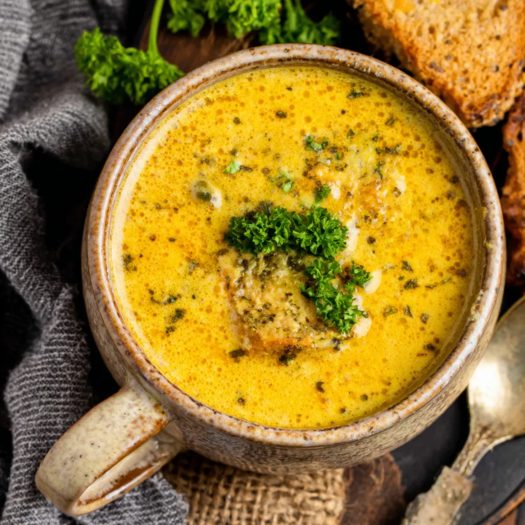 Close-up bowl showcasing the creamy texture of Cheddar Garlic Herb Potato Soup, highlighting the melted cheese and fresh herbs.