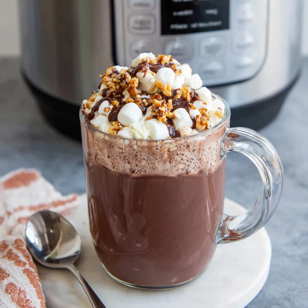 Creamy Slow Cooker Hot Chocolate Recipe Creamy slow-cooker hot chocolate simmers invitingly in a crockpot, ready to be served and enjoyed.