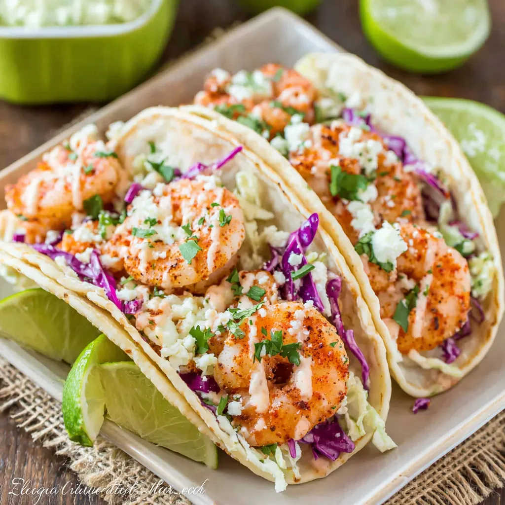 Closeup of spicy shrimp tacos overflowing with fresh toppings, capturing the vibrant flavors that bring the beach home.