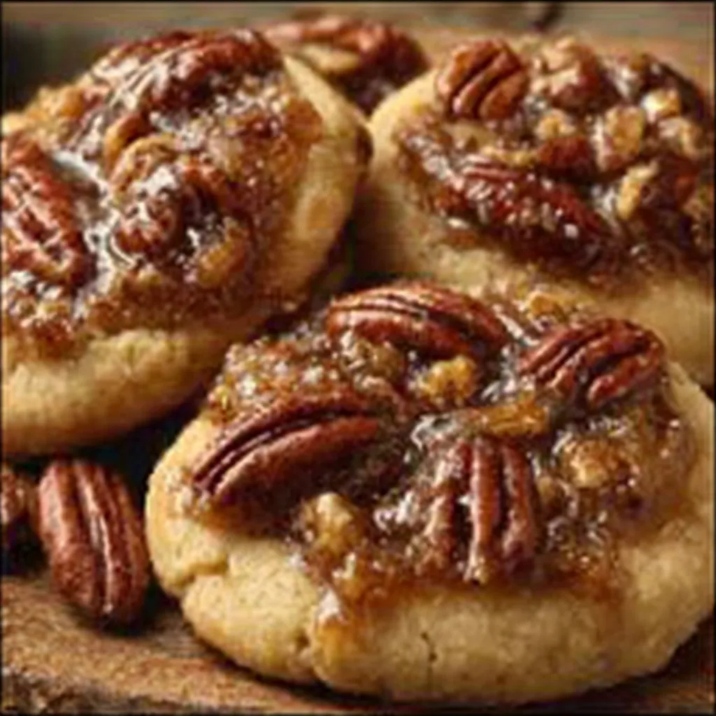 Close-up view of several vegan pecan pie cookies, showcasing their golden-brown color and pecan topping, perfect for a delicious and easy fall treat.