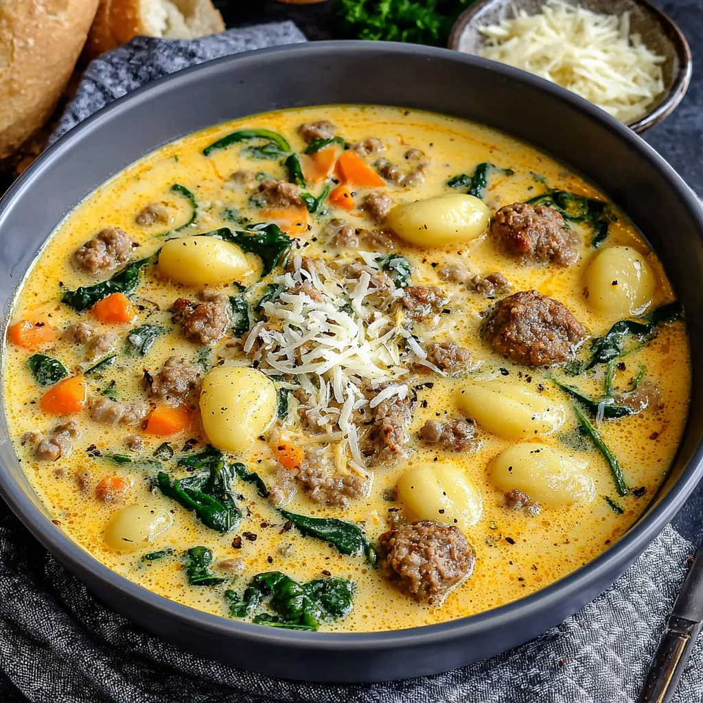 Creamy Italian Sausage Gnocchi Soup ready in 30 minutes served in a white bowl showcases a quick and delicious weeknight meal.