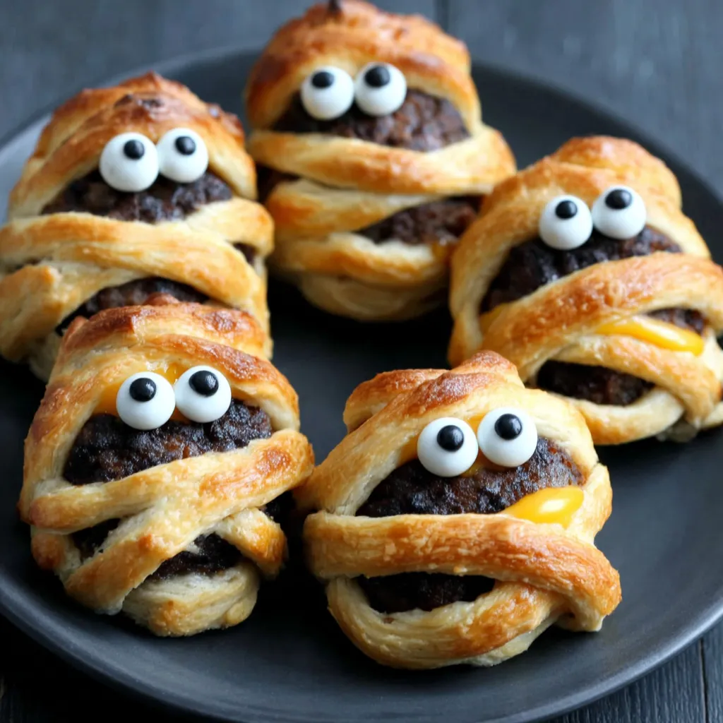 Easy Halloween dinner recipe featuring meatball mummies with marinara sauce and string cheese wrappings.