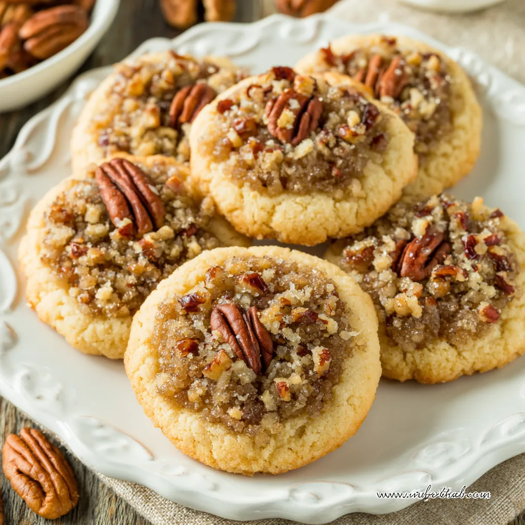 Close-up of delicious pecan pie cookies showcasing their golden-brown color and pecan topping, perfect for a baking tutorial on how to make the best pecan pie cookies.