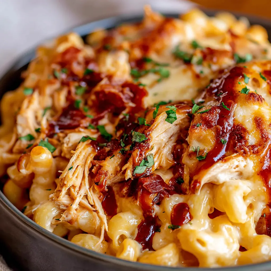 BBQ Chicken Mac and Cheese, a comforting and delicious meal featuring tender chicken, smoky barbecue sauce, and creamy mac and cheese, perfect for a satisfying dinner.