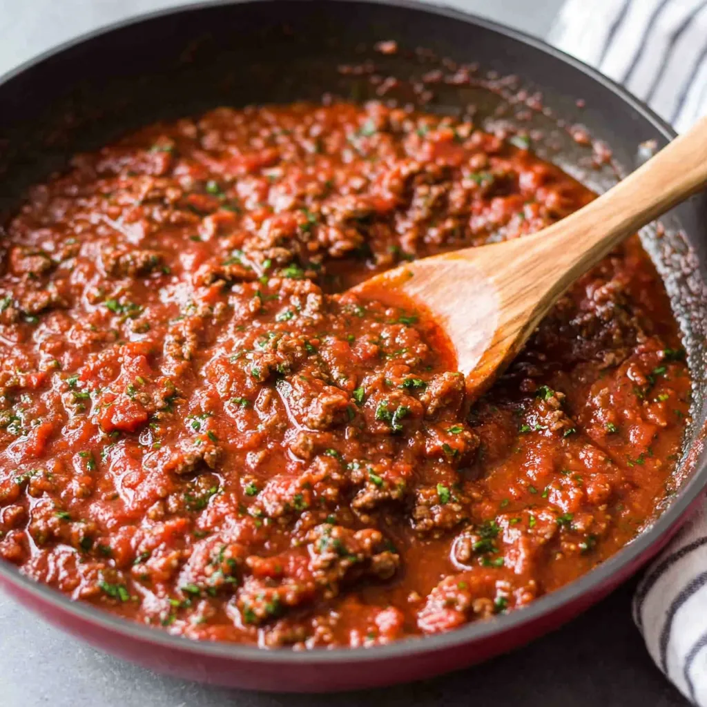 Easy homemade Italian spaghetti sauce simmers in a pot, showcasing fresh ingredients and a rich, flavorful meal perfect for pasta night.