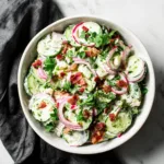 Creamy cucumber salad with bacon and cheese is shown in a recipe delight image.