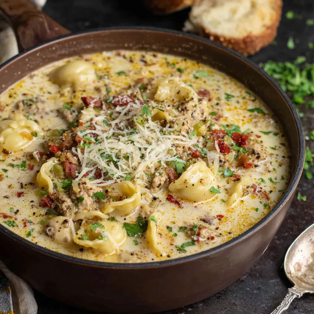 Creamy Italian ground chicken soup is featured in an easy recipe image.