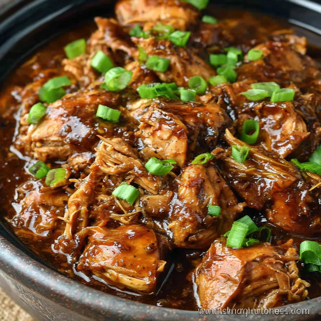 Delicious, saucy bourbon chicken simmers in a crock pot, promising an easy and flavorful weeknight meal.