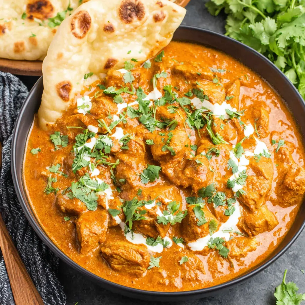 Easy crockpot butter chicken simmers in a slow cooker, offering a delicious and convenient dinner option.