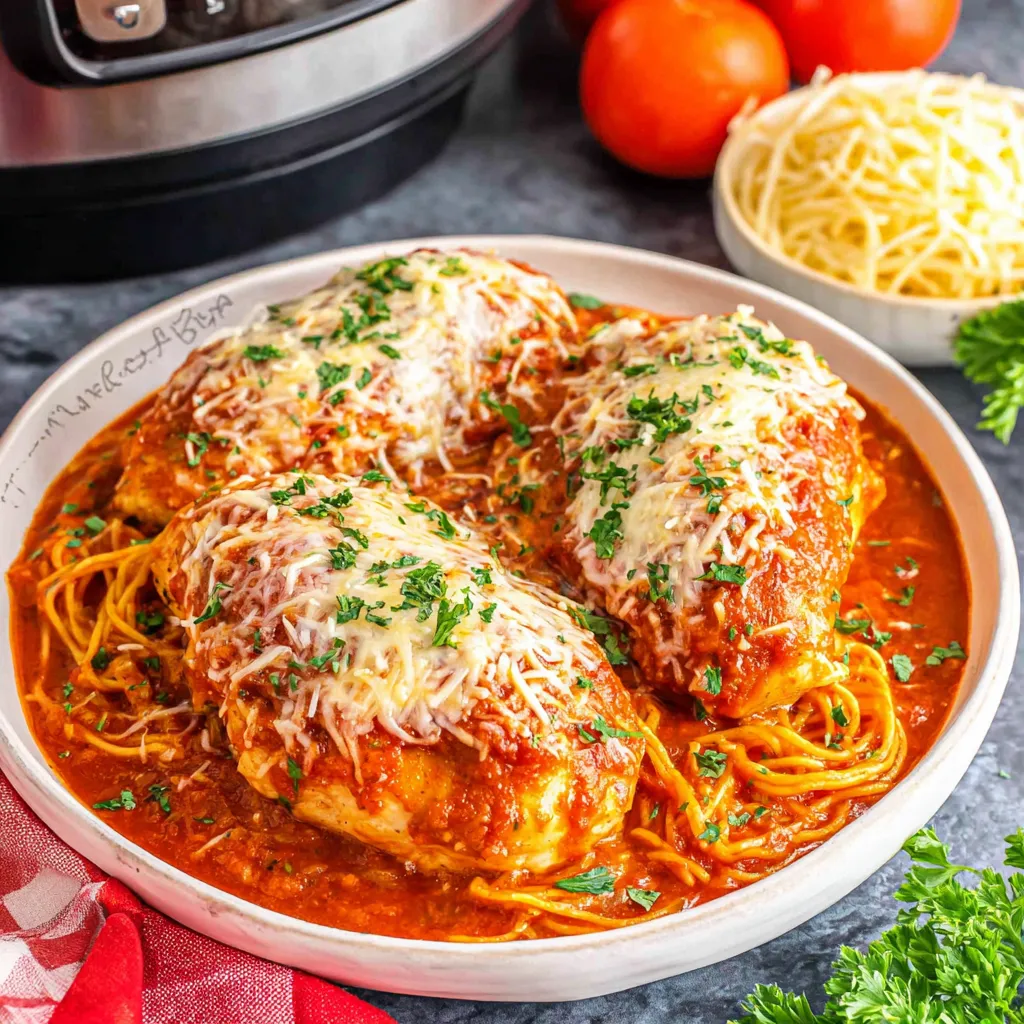 Easy Crockpot Chicken Parmesan simmers to perfection in a slow cooker, creating a simple and delicious weeknight meal.