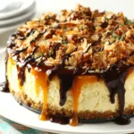 A decadent Samoa cheesecake slice with caramel, toasted coconut, and chocolate drizzle sits on a white plate, showcasing the rich, layered dessert inspired by the classic Girl Scout cookie.