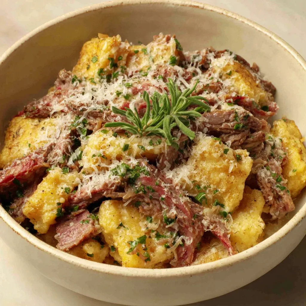 A sizzling skillet of tender beef slices coated in a rich, golden parmesan garlic sauce, garnished with fresh chopped parsley and served alongside roasted vegetables, showcasing the irresistible flavors of this mouthwatering home-cooked meal.