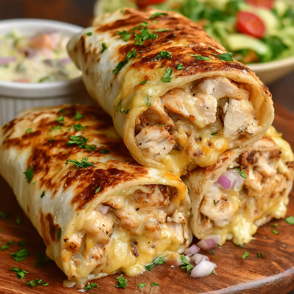 Easy Cheesy Garlic Chicken Wraps feature juicy chicken, melted cheese, and savory garlic sauce all wrapped in a warm tortilla, perfect for a quick and delicious meal.