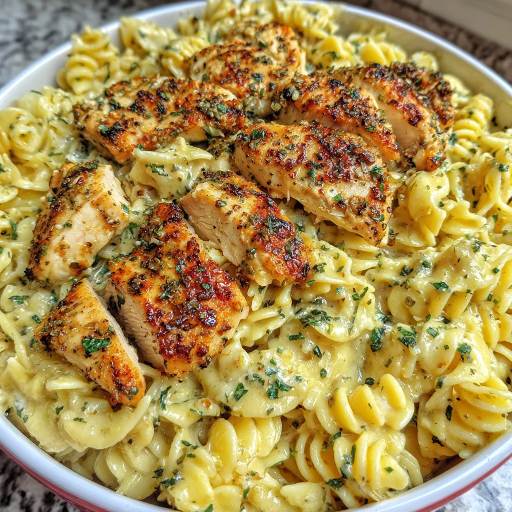 Creamy garlic parmesan chicken pasta is shown in a close-up, showcasing the easy dinner recipe's rich sauce and perfectly cooked pasta.