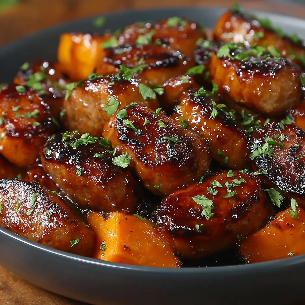 Honey garlic sausage and roasted sweet potatoes create a delicious and easy sheet pan dinner, perfect for a weeknight meal.