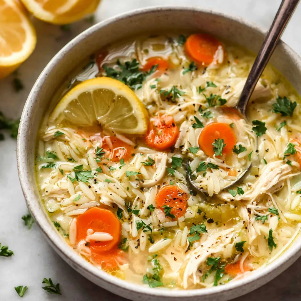 Creamy Lemon Chicken Orzo Soup is shown in a comforting bowl with visible chicken, orzo pasta, and a bright lemon garnish, highlighting the dish's fresh and flavorful ingredients.