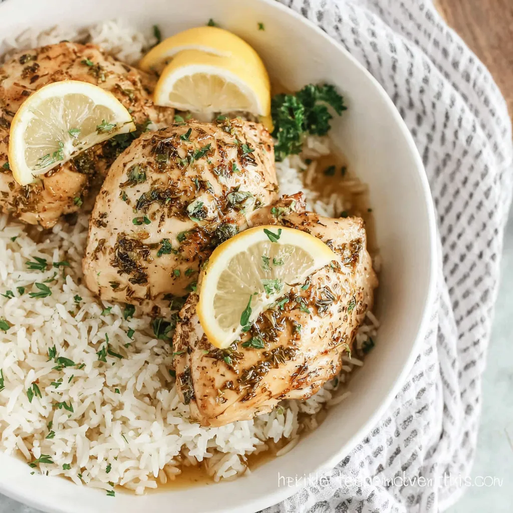 Easy slow cooker lemon herb chicken and rice is shown, highlighting the dish's appealing texture and vibrant colors.